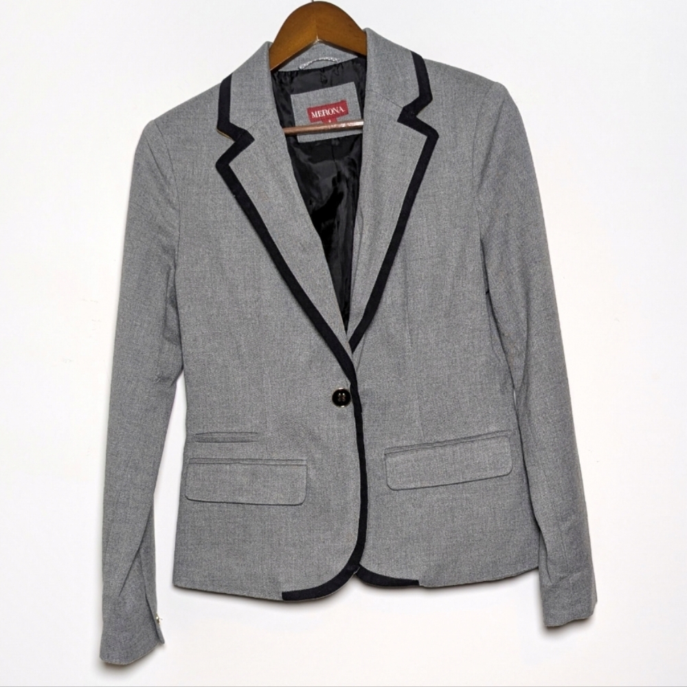 Merona Single Button Polyester Wool Blend‎ Black  Border Grey Blazer Career S 8